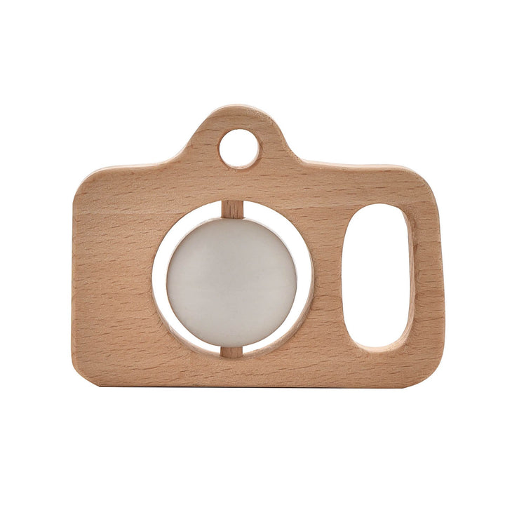 Wooden silicone camera teether by Cornucopia Worcester featuring a natural wood and soft silicone design for babies.