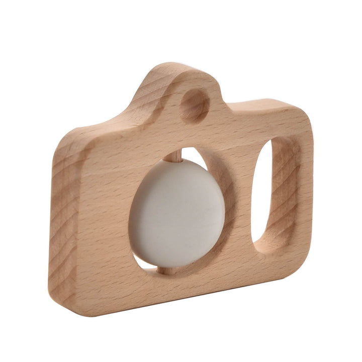 Wooden silicone camera teether by Cornucopia Worcester featuring a wooden frame and silicone accents, designed for babies.