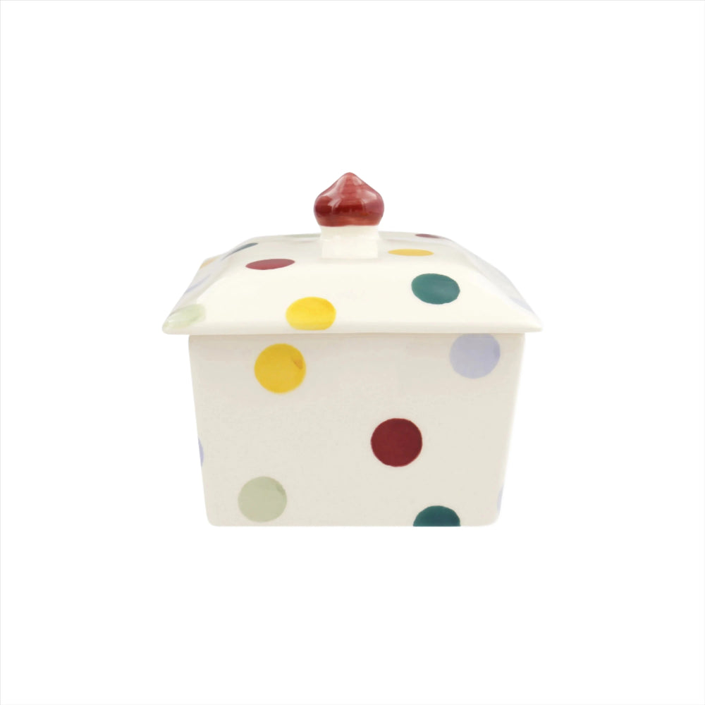 Emma Bridgewater Polka Dot small butter dish with colorful polka dot pattern and ceramic finish.