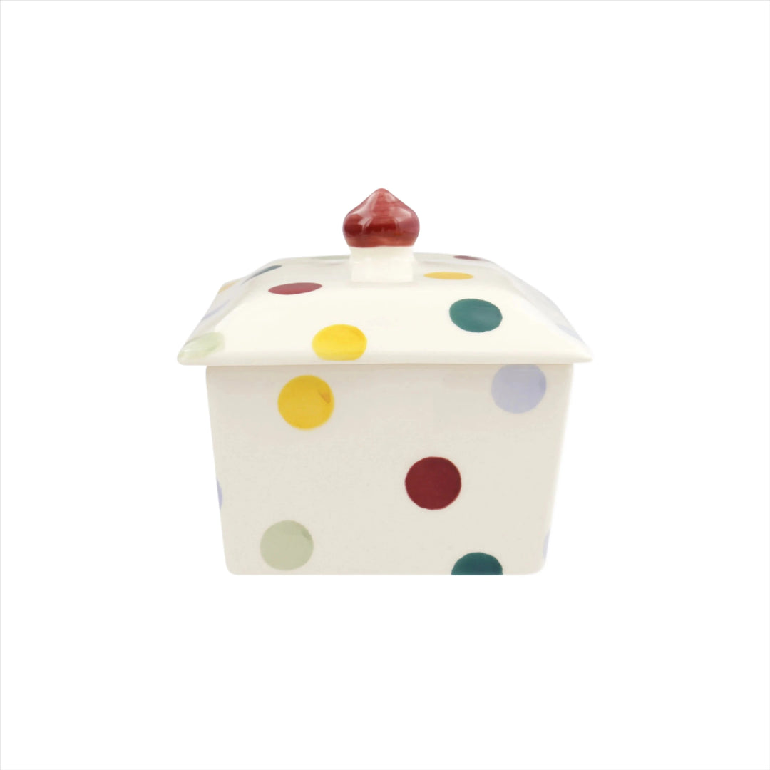Emma Bridgewater Polka Dot small butter dish with colorful polka dot pattern and ceramic finish.
