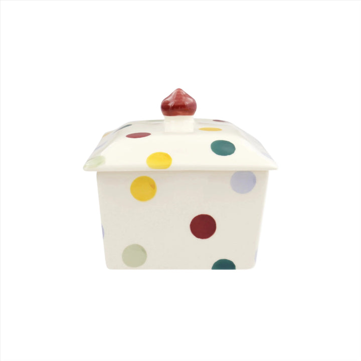 Emma Bridgewater Polka Dot small butter dish with colorful polka dot pattern and ceramic finish.