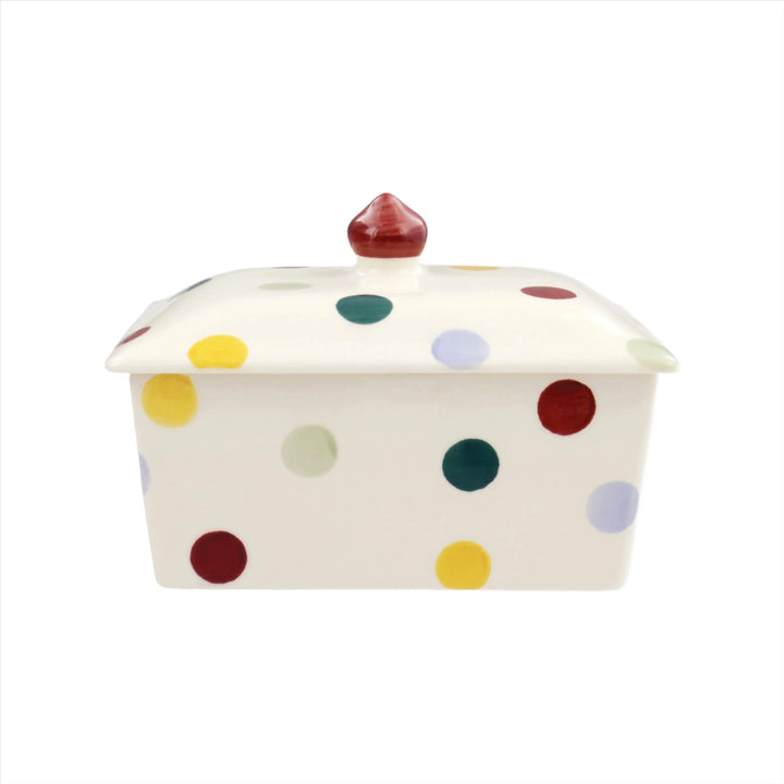 Emma Bridgewater Polka Dot small butter dish with colorful polka dot pattern and ceramic design for serving butter.