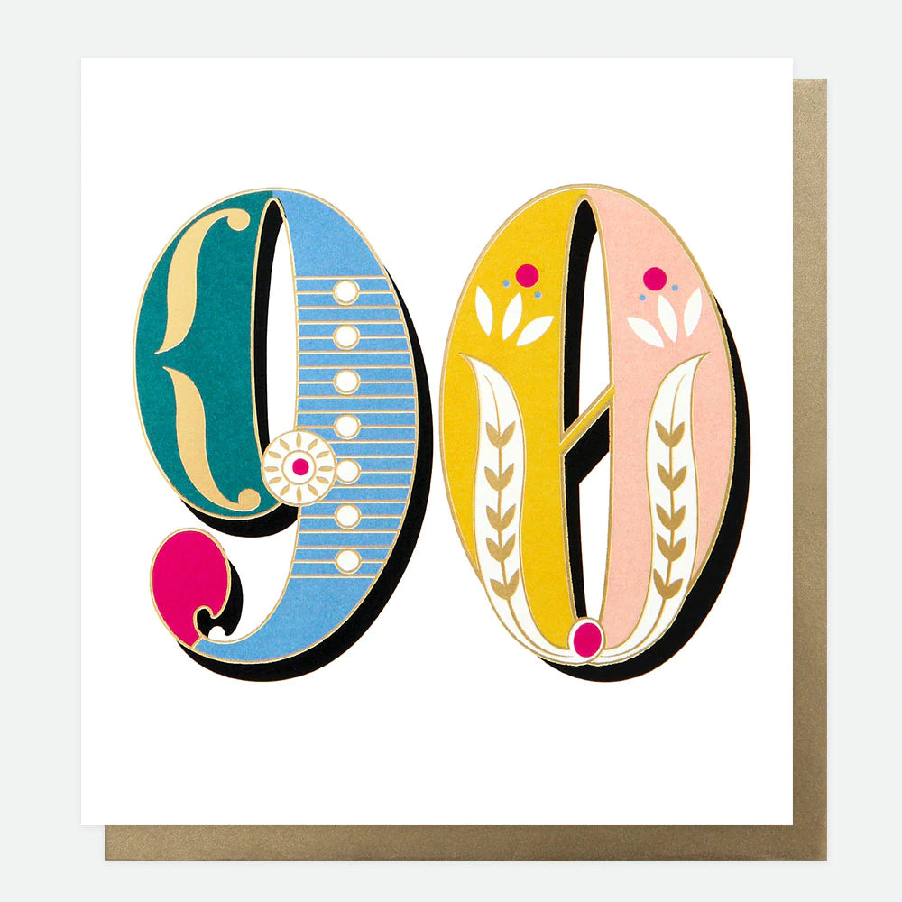 Caroline Gardner 90th birthday card with colorful carnival-themed design, featuring vibrant illustrations and playful typography.