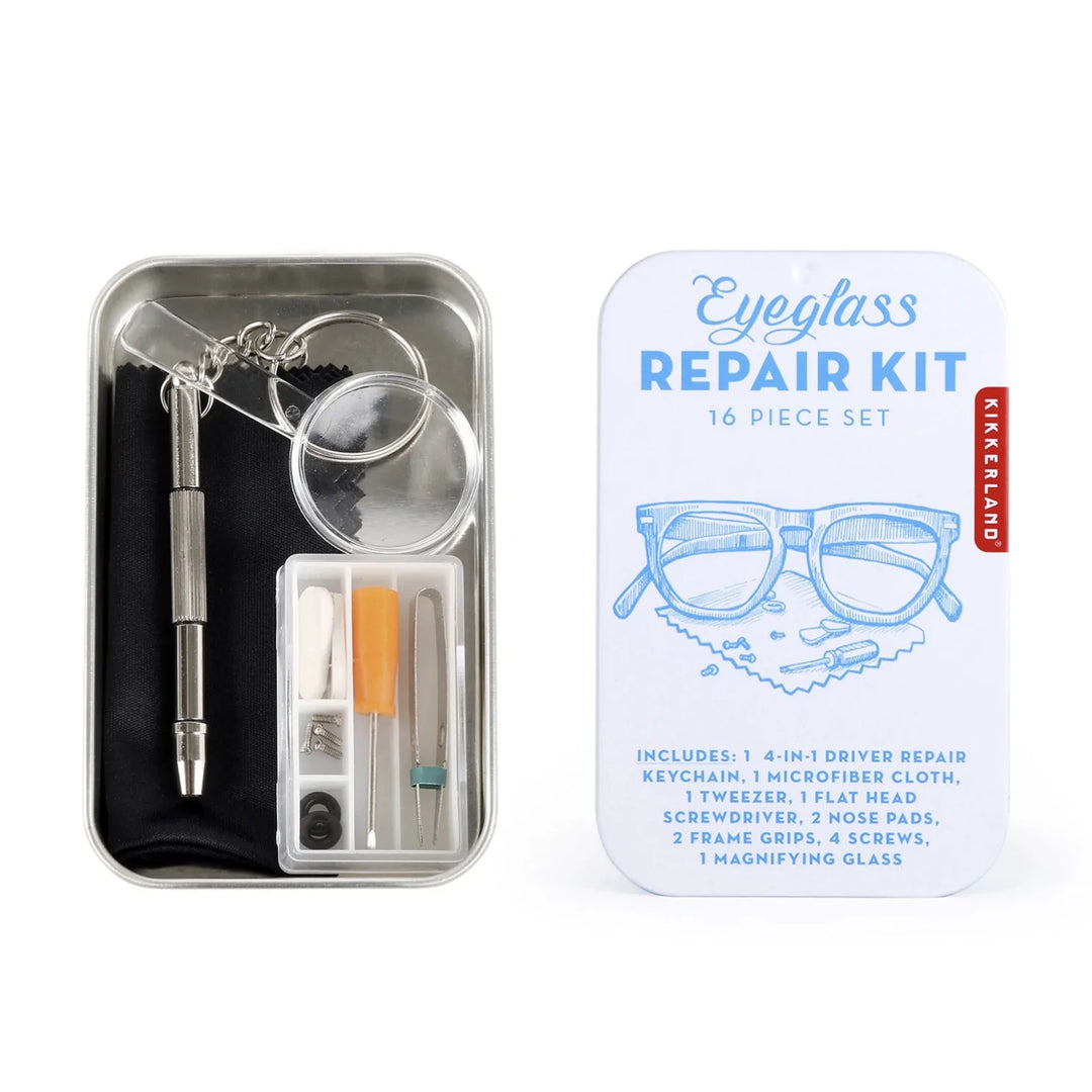 Kikkerland Eyeglass Repair Kit with small tools and screws for fixing glasses, in a compact plastic case.