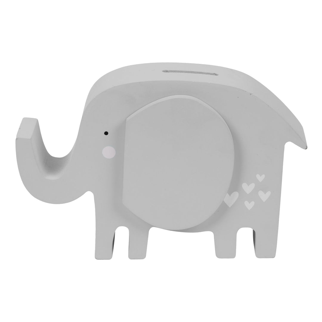 Wooden elephant-shaped money box by Widdop &amp; Co from Cornucopia Home and Gift, featuring carved details and a coin slot on top.