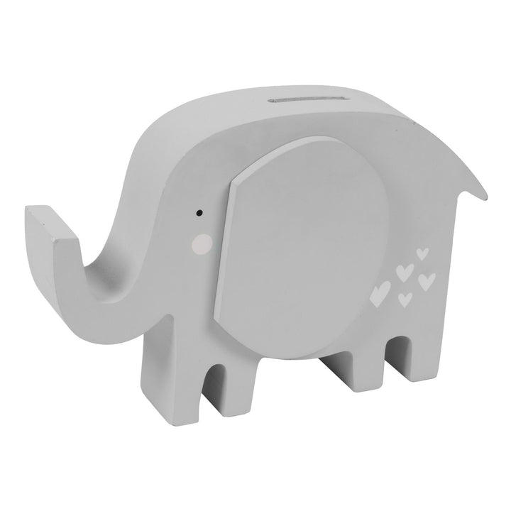 Wooden elephant-shaped money box by Widdop &amp; Co, part of Cornucopia Home and Gift, featuring detailed carved elephant design.