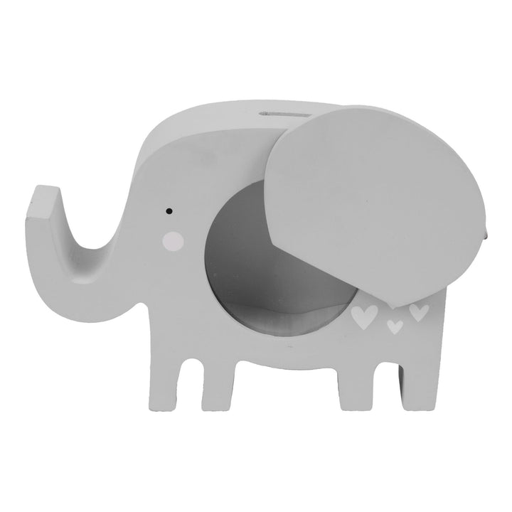 Wooden elephant-shaped money box by Widdop &amp; Co from Cornucopia Home and Gift, featuring a carved elephant design and coin slot.