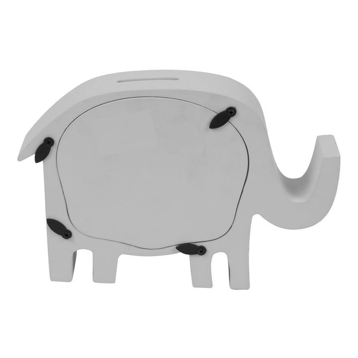 Wooden elephant-shaped money box by Widdop &amp; Co from Cornucopia Home and Gift, featuring carved details and a coin slot on top.