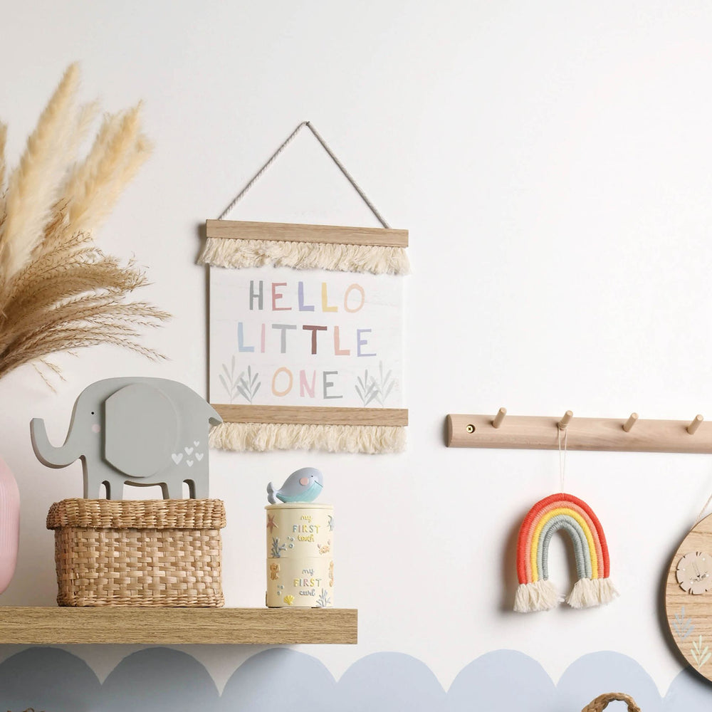 Hello Little One hanging plaque by Widdop & Co, featuring charming design for children's decor, from Cornucopia Home and Gift.