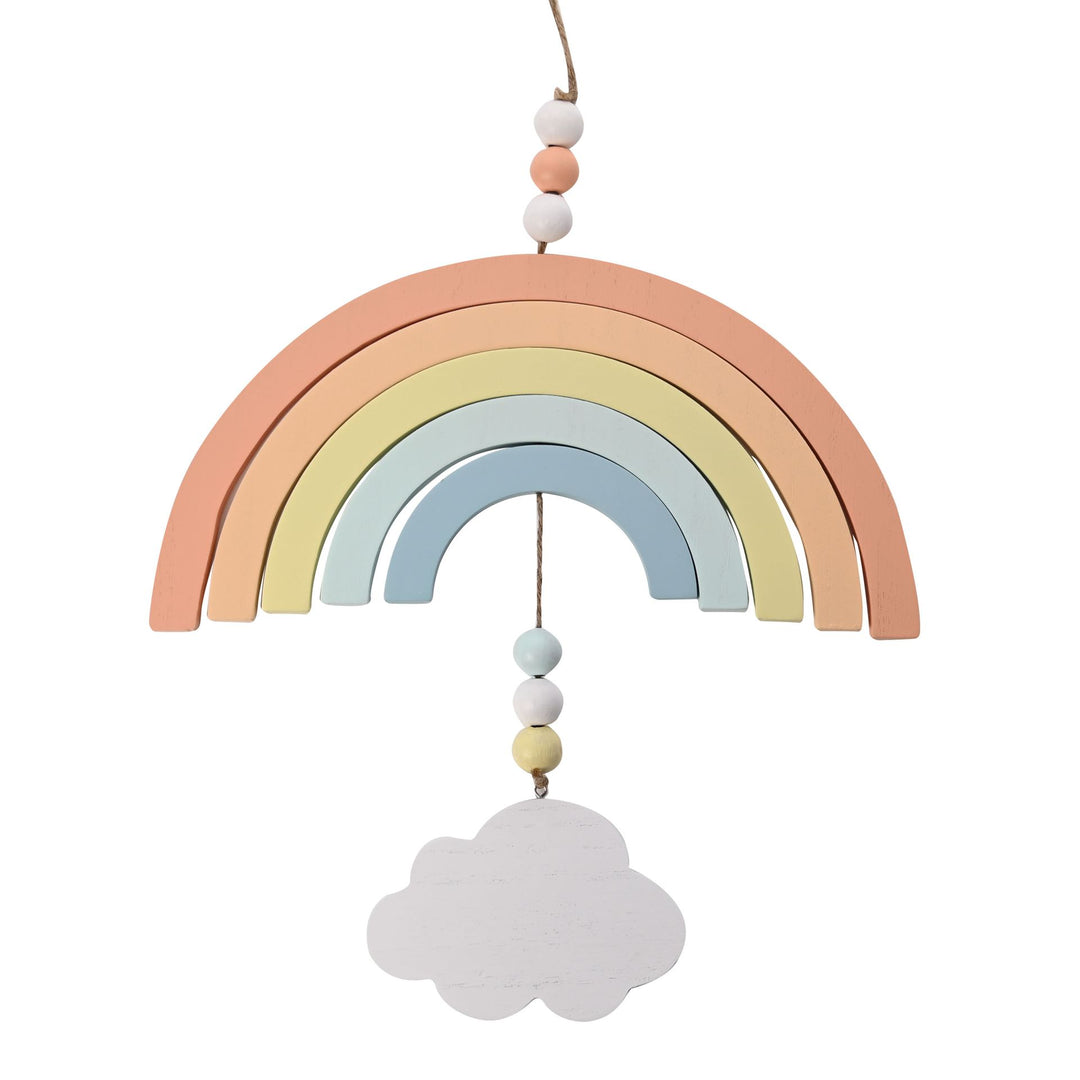 Colorful Rainbow Arc hanging mobile by Widdop & Co, featuring vibrant rainbow and cloud designs for nursery decor.