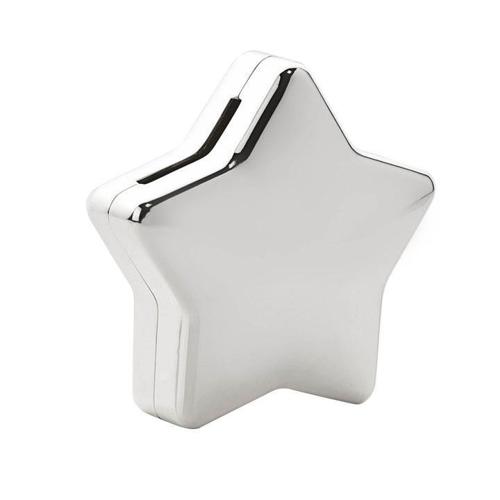 Silver plated star-shaped money box by Cornucopia Home and Gift, featuring a shiny finish and coin slot for saving.