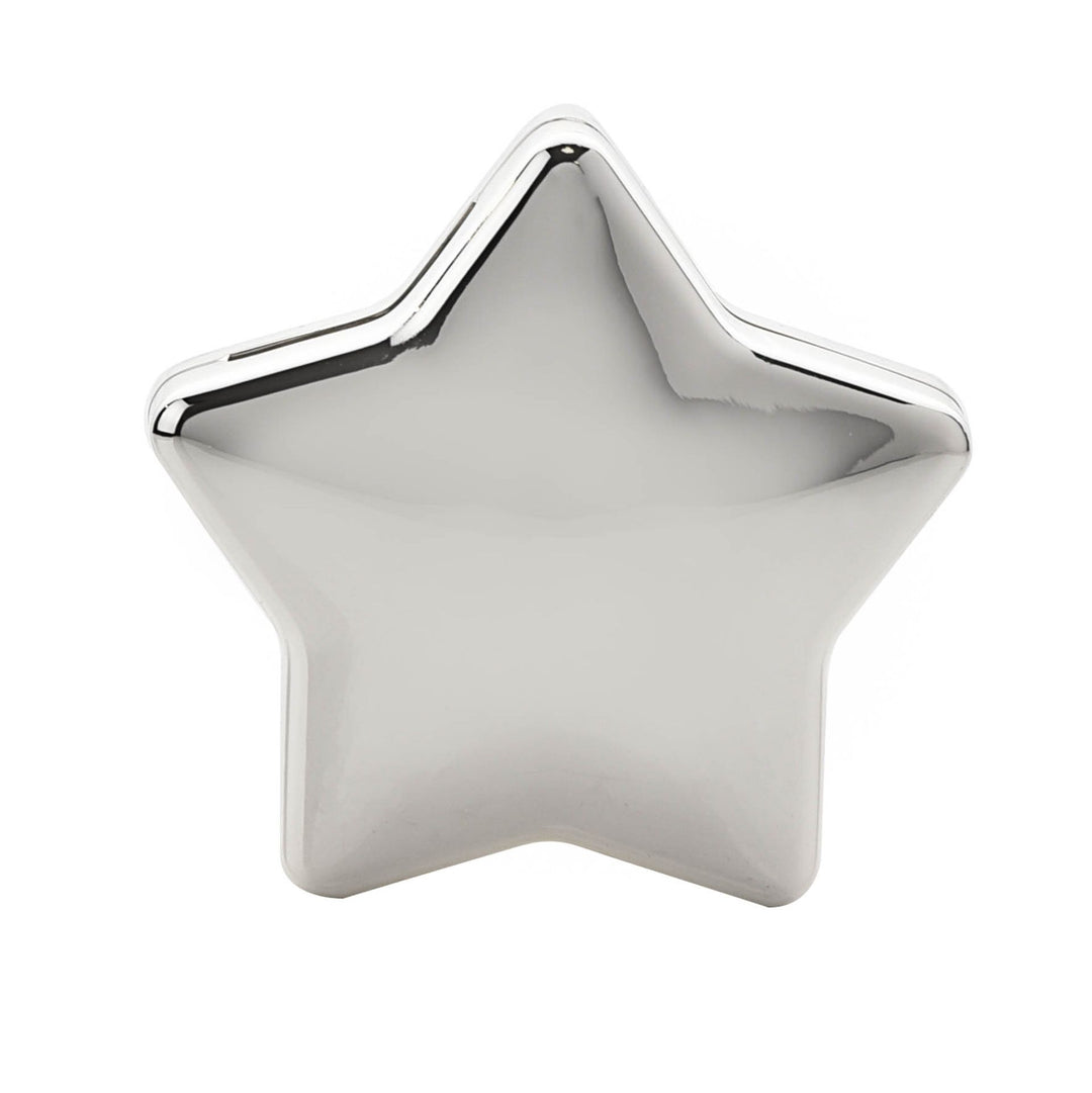 Silver plated star-shaped money box from Cornucopia Home and Gift by Widdop & Co, featuring a shiny metallic finish and coin slot.