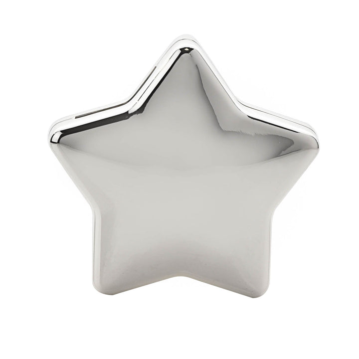 Silver plated star-shaped money box from Cornucopia Home and Gift by Widdop &amp; Co, featuring a shiny metallic finish and coin slot.