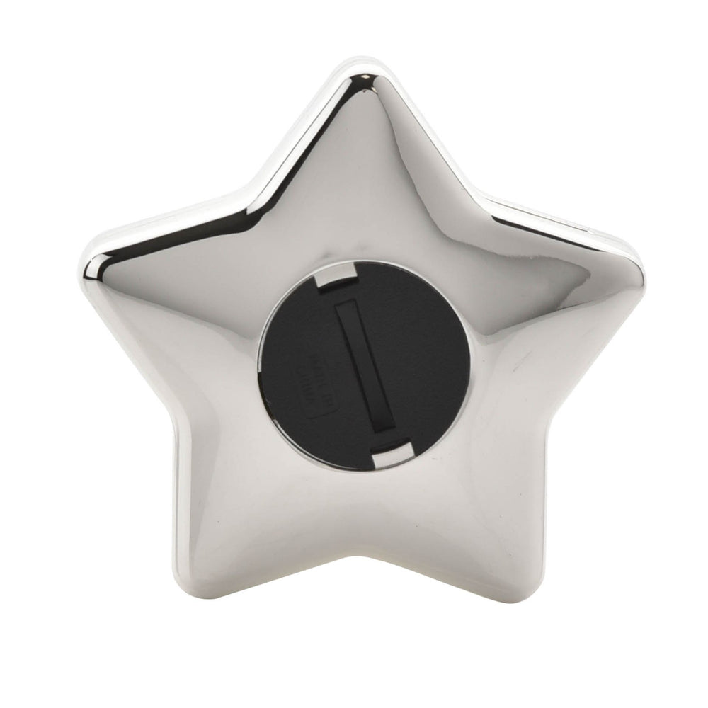 Silver plated star-shaped money box by Widdop & Co from Cornucopia Home and Gift, featuring a shiny metallic finish and coin slot.