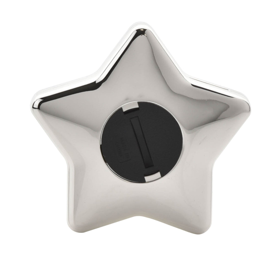 Silver plated star-shaped money box by Widdop &amp; Co from Cornucopia Home and Gift, featuring a shiny metallic finish and coin slot.