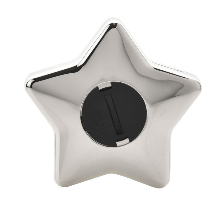 Silver plated star-shaped money box by Widdop &amp; Co from Cornucopia Home and Gift, featuring a shiny metallic finish and coin slot.
