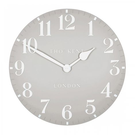 20-inch Arabic wall clock in dove grey with black numerals, featuring a modern art design by Cornucopia Home and Gift