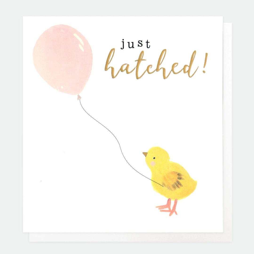 Cute baby girl chick illustration on Caroline Gardner's Just Hatched Chick New Baby Girl card, featuring soft pastel colors and playful design.
