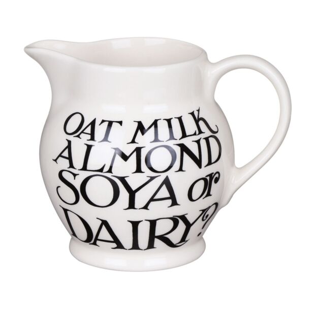 Emma Bridgewater Black Toast oat milk jug, ceramic half pint pitcher with black toast design and a sturdy handle.