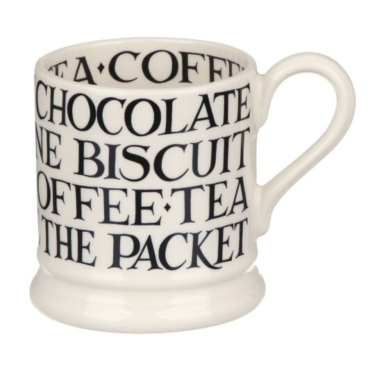 Emma Bridgewater Black Toast all-over writing half-pint mug with black toast pattern on white ceramic, close-up view.