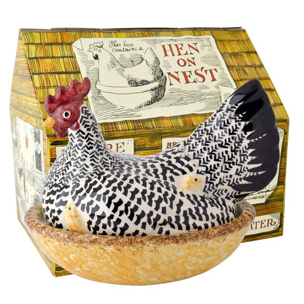 Emma Bridgewater Rise & Shine Large Hen on Nest ceramic box featuring a detailed hen design on a black toast background.