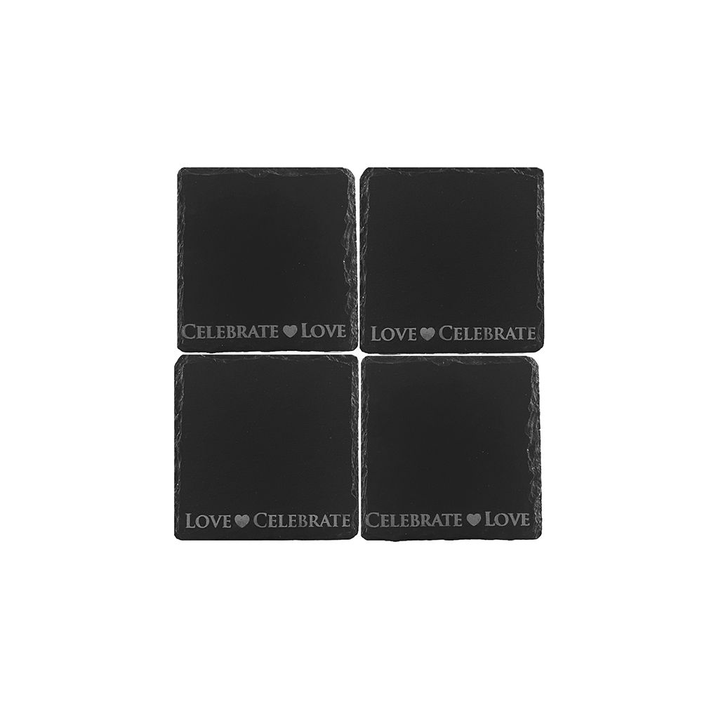 Set of four Selbrae House Love and Celebrate slate coasters with engraved designs, perfect for protecting surfaces and adding style.