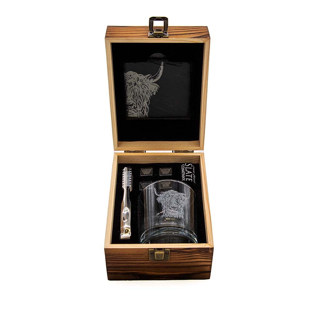 Selbrae House Highland Cow Drinks Set featuring ceramic Highland Cow figures and drink accessories, crafted by Cornucopia Home and Gift