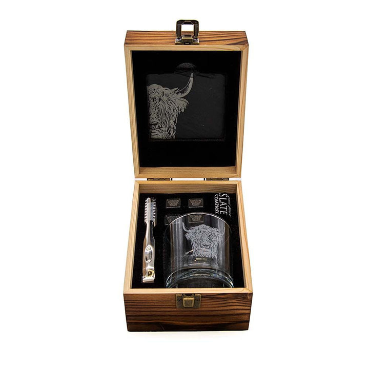 Selbrae House Highland Cow Drinks Set featuring ceramic Highland Cow figures and drink accessories, crafted by Cornucopia Home and Gift