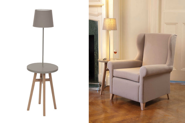 Cornucopia Worcester Kinsale 40cm lamp table with wooden top and metal base, shown in a modern living room setting.