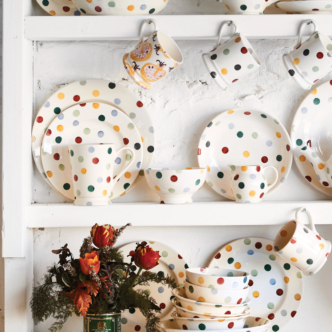 Emma Bridgewater polka dot French bowl with a classic white and colorful polka dot pattern, showcasing elegant ceramic tableware.