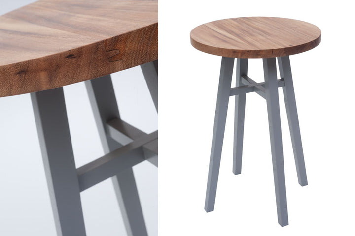 All-natural Tenby 40cm round table by Cornucopia Home, showcasing a wooden surface with a grid pattern design.